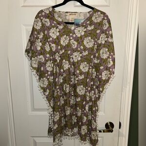 Floral Pom-Pom Trim Tunic Caftan - Lavender & White